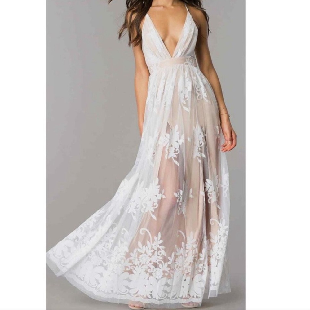 Luxxel Halle Maxi Dress Velvet Flower Sheer overlay White Nude Wedding Gala S